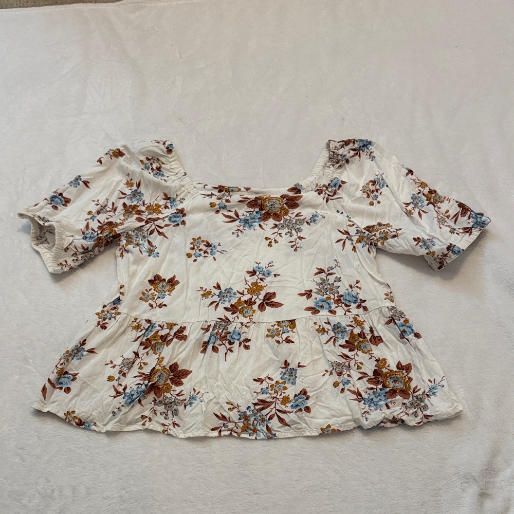LOFT Outlet Floral Peplum Puff Sleeve Top | Size Medium